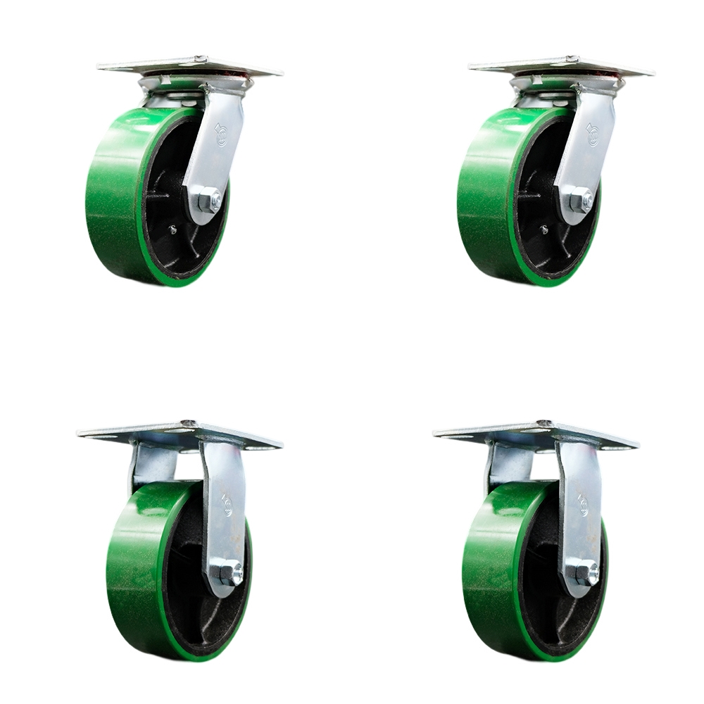 Heavy Duty Large Top Plate Polyurethane on Cast Iron Swivel Caster with 6 x 2 in. Green Wheels - 4800 lbs Total Capacity - Set of 4