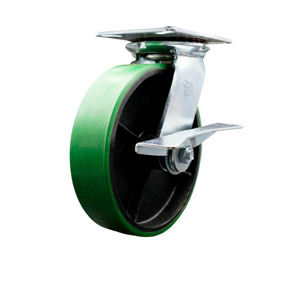 Heavy Duty Large Top Plate Polyurethane on Cast Iron Swivel Caster with 8 x 2 in. Green Wheel & Side Lock Brake - 1250 lbs Capacity per Caster