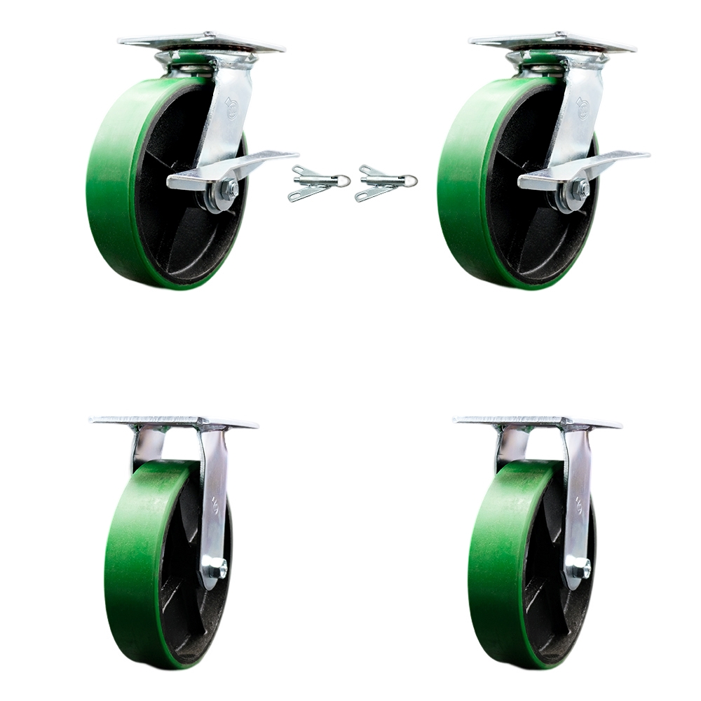 Heavy Duty Large Top Plate Polyurethane on Cast Iron Swivel Caster with 8 x 2 in. Green Wheels - 5000 lbs Capacity - Set of 4