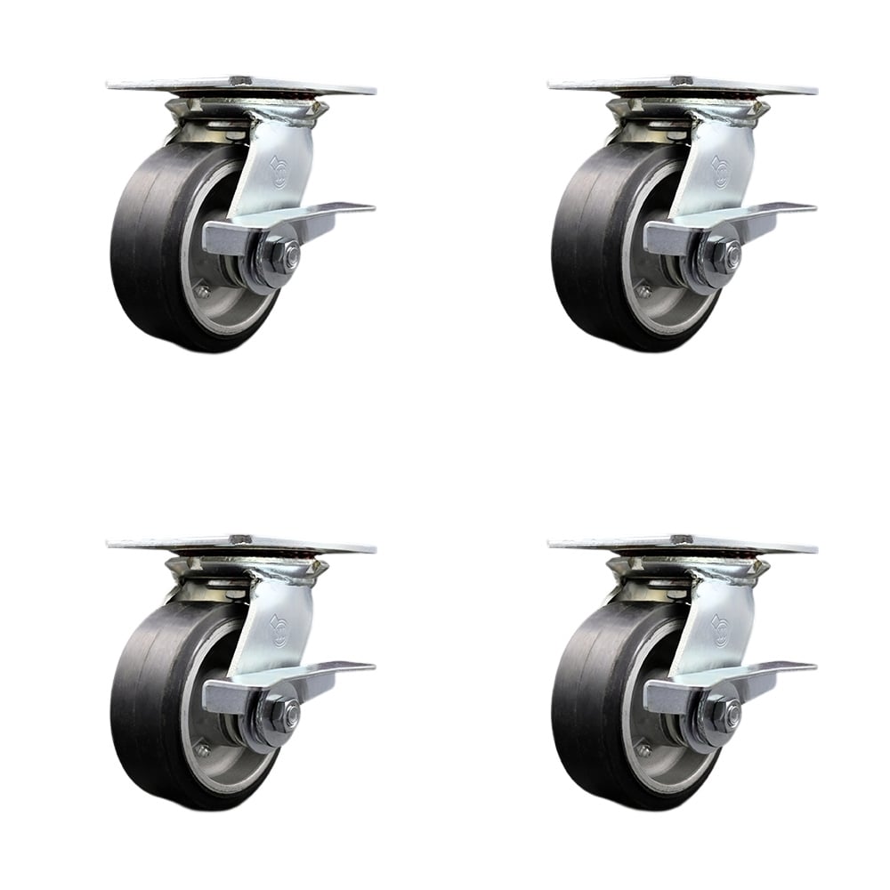 SCC-35S520-RAR-SLB-4 Heavy Duty Large Top Plate Rubber on Aluminum Swivel Caster with 5 x 2 in. Black Wheels - 2000 lbs Total Capacity - Set of 4