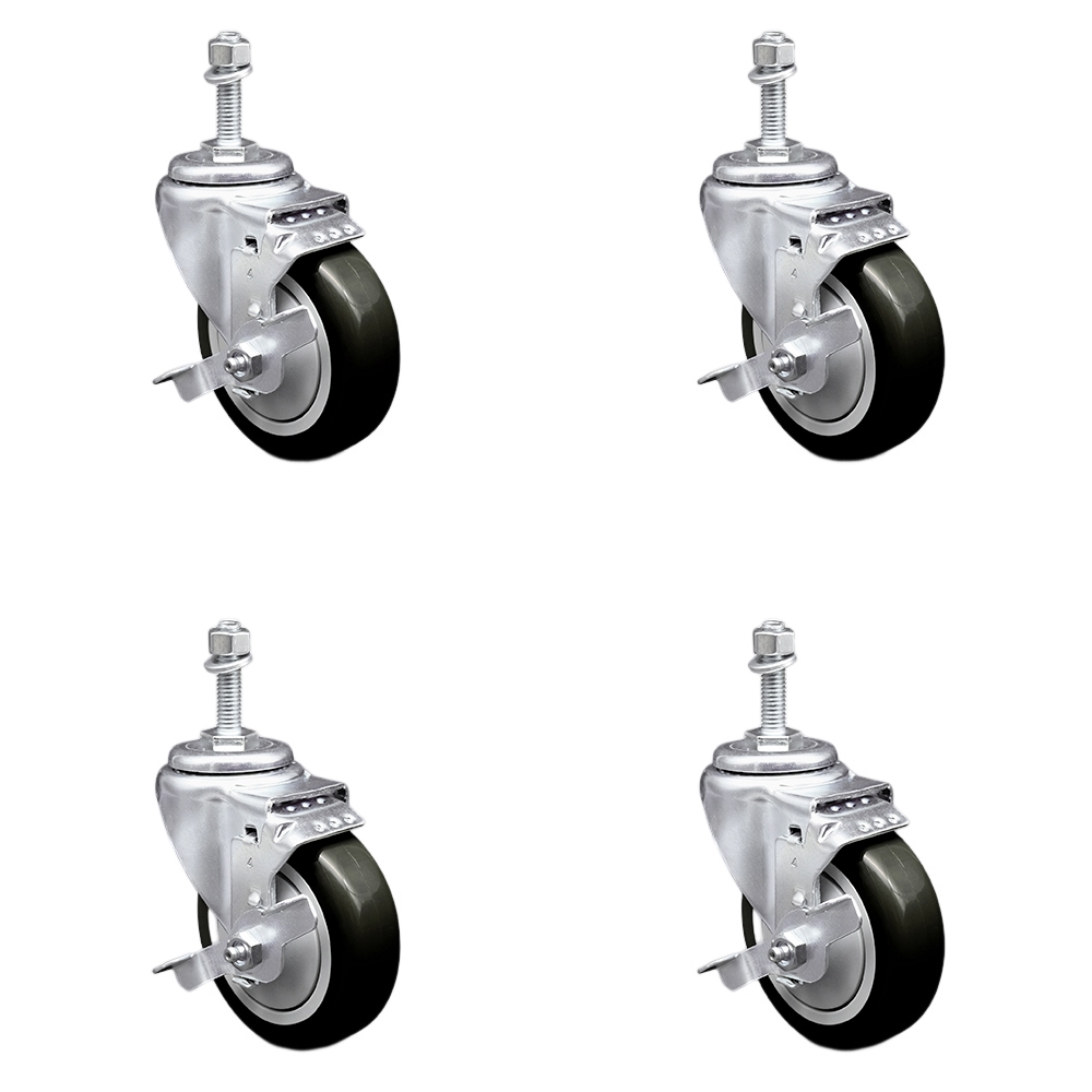 Stainless Steel Polyurethane Swivel Threaded Stem Caster with 4 x 1.25 in. Black Wheels & 0.38 in. Stems - Set of 4