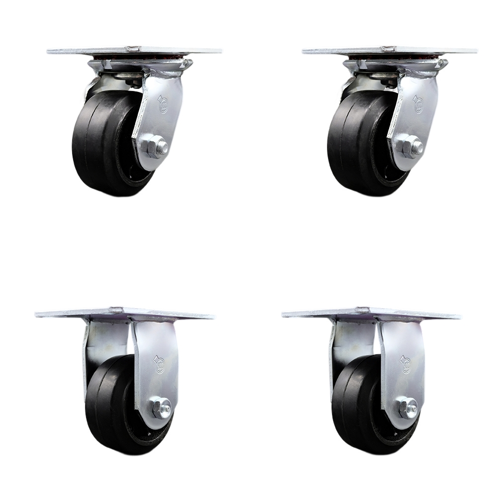 SCC-35S420-RSR-2-R-2 Heavy Duty Large Top Plate Rubber on Cast Iron Swivel Caster with 4 x 2 in. Black Wheels - 1600 lbs Total Capacity - Set of 4