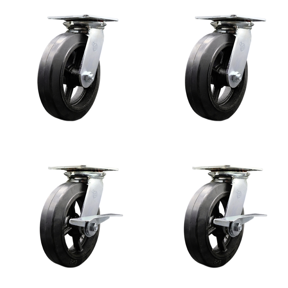 SCC-35S820-RSR-2-SLB-2 Heavy Duty Large Top Plate Rubber on Cast Iron Swivel Caster with 8 x 2 in. Black Wheels - 2000 lbs Total Capacity - Set of 4
