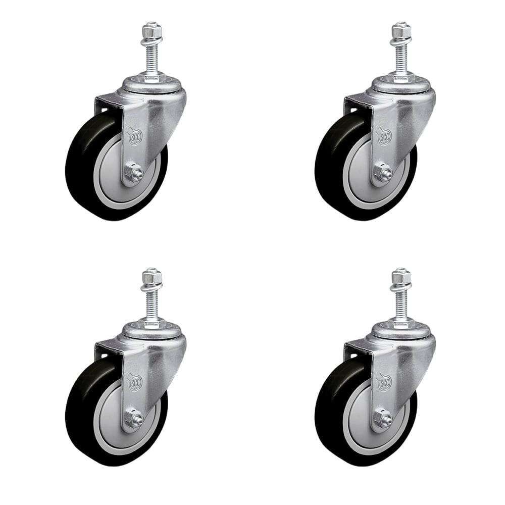 SCC-SSTS20S414-PPUB-BLK-M1015-4 Stainless Steel Polyurethane Swivel Threaded Stem Caster with 4 x 1.25 in. Black Wheels & 10 mm Stems - Set of 4