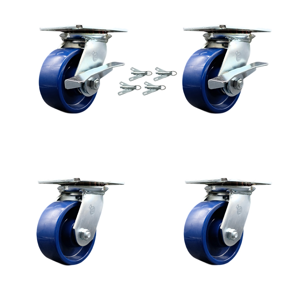 SCC-35S520-SPUR-SLB-BSL-2-BSL-2 Heavy Duty Large Top Plate Solid Polyurethane Swivel Caster with 5 x 2 in. Blue Wheels - 4000 lbs Capacity - Set of 4