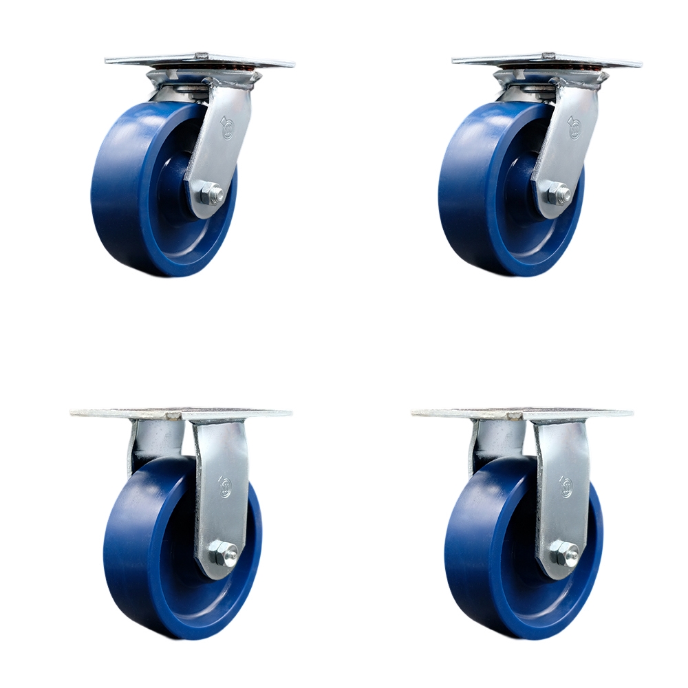 SCC-35S620-SPUR-2-R-2 Heavy Duty Large Top Plate Solid Polyurethane Swivel Caster with 6 x 2 in. Blue Wheels - 4800 lbs Total Capacity - Set of 4
