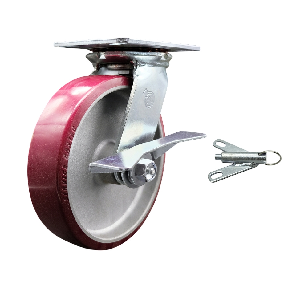 Heavy Duty Large Top Plate Polyurethane on Aluminum Swivel Caster with Maintenance Free Bearings & 8 x 2 in. Maroon Wheel - 1250 lbs Capacity