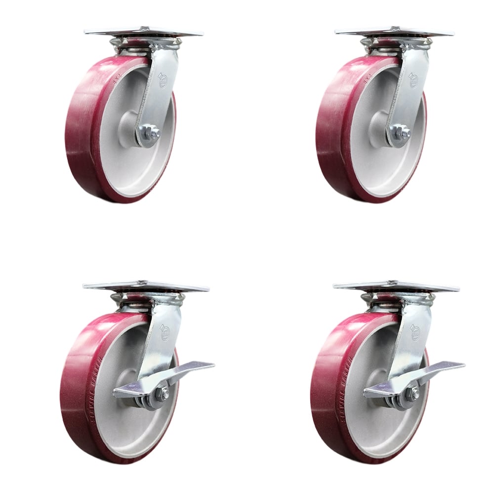 Heavy Duty Large Top Plate Polyurethane on Aluminum Swivel Caster with Maintenance Free Bearings with 8 x 2 in. Maroon Wheels - Set of 4