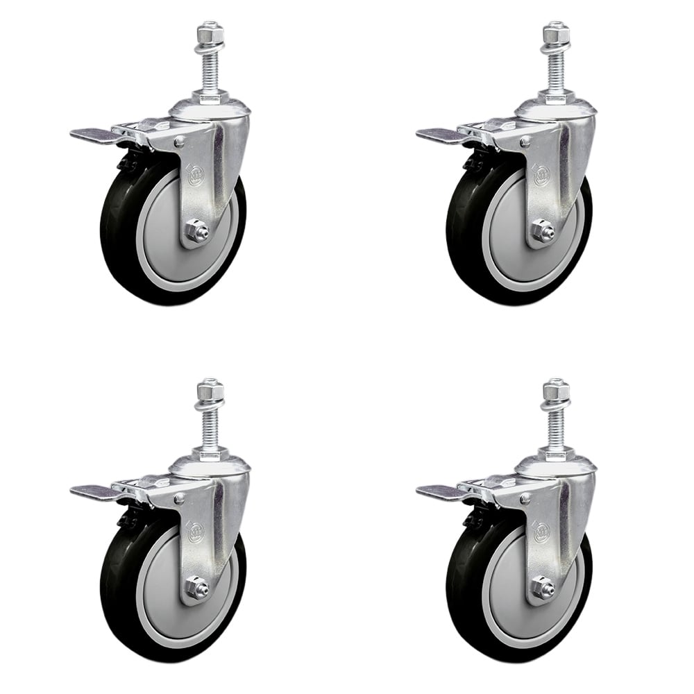 SCC-SSTSTTL20S514-PPUB-BLK-M1015-4 Stainless Steel Polyurethane Swivel Threaded Stem Caster with 5 x 1.25 in. Black Wheels & 10 mm Stems - Set of 4
