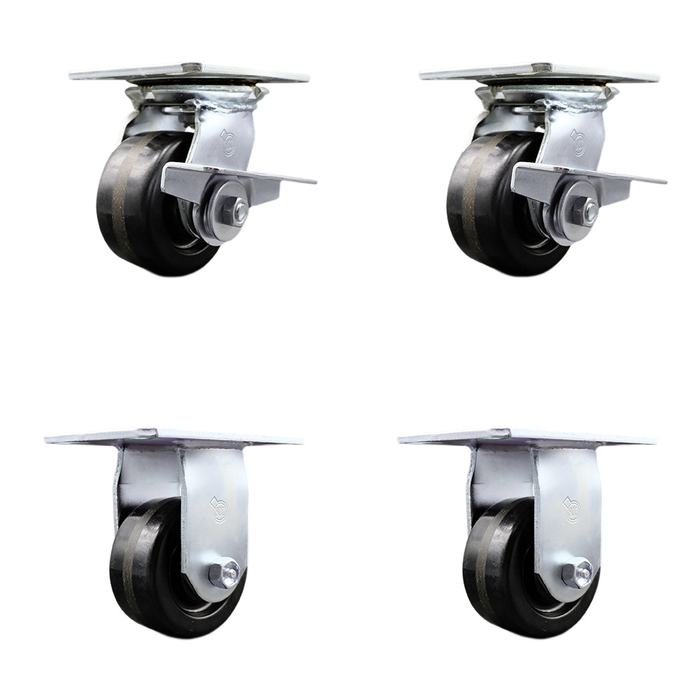 Heavy Duty Large Top Plate Phenolic Swivel Caster with Maintenance Free Bearings with 4 x 2 in. Black Wheels - 3200 lbs Total Capacity - Set of 4