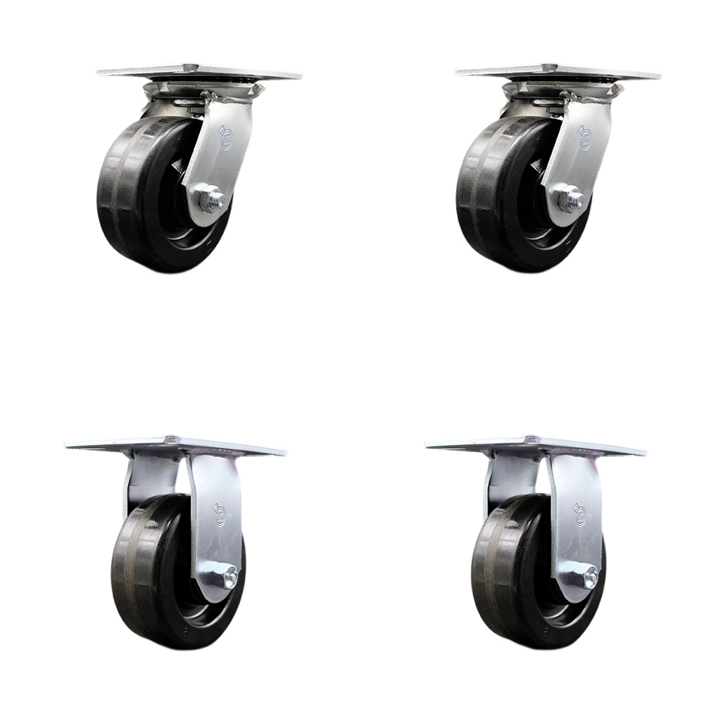 Heavy Duty Large Top Plate Phenolic Swivel Caster with Maintenance Free Bearings with 5 x 2 in. Black Wheels - 4000 lbs Total Capacity - Set of 4