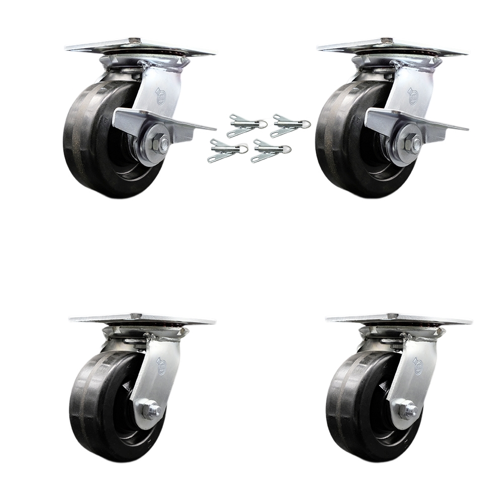 Heavy Duty Large Top Plate Phenolic Swivel Caster with Maintenance Free Bearings with 5 x 2 in. Black Wheels - Set of 4