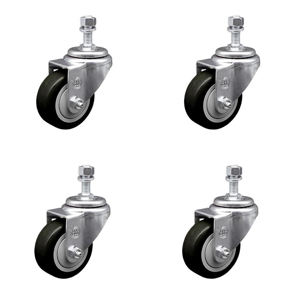 SCC-TS20S314-PPUB-BLK-M1215-4 Polyurethane Swivel Threaded Stem Caster with 3 x 1.25 in. Black Wheels & 12 mm Stems - Set of 4
