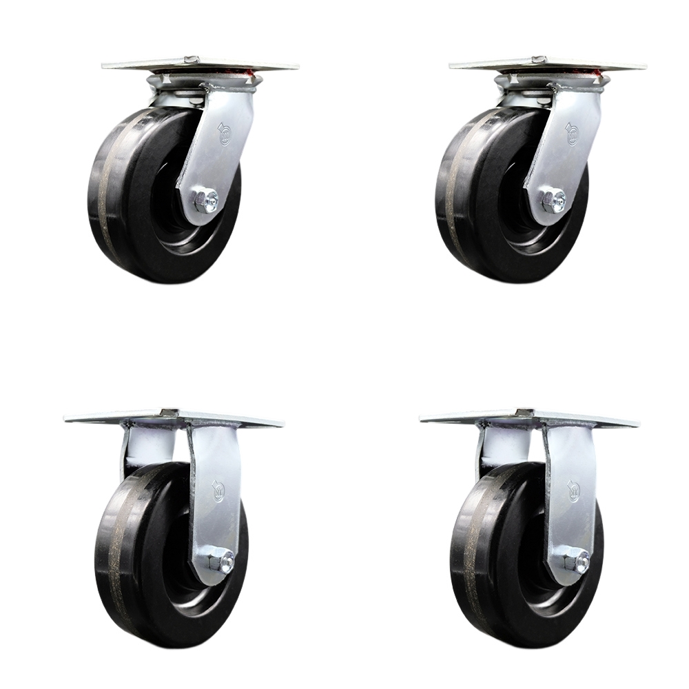Heavy Duty Large Top Plate Phenolic Swivel Caster with Maintenance Free Bearings with 6 x 2 in. Black Wheels - 4800 lbs Total Capacity - Set of 4
