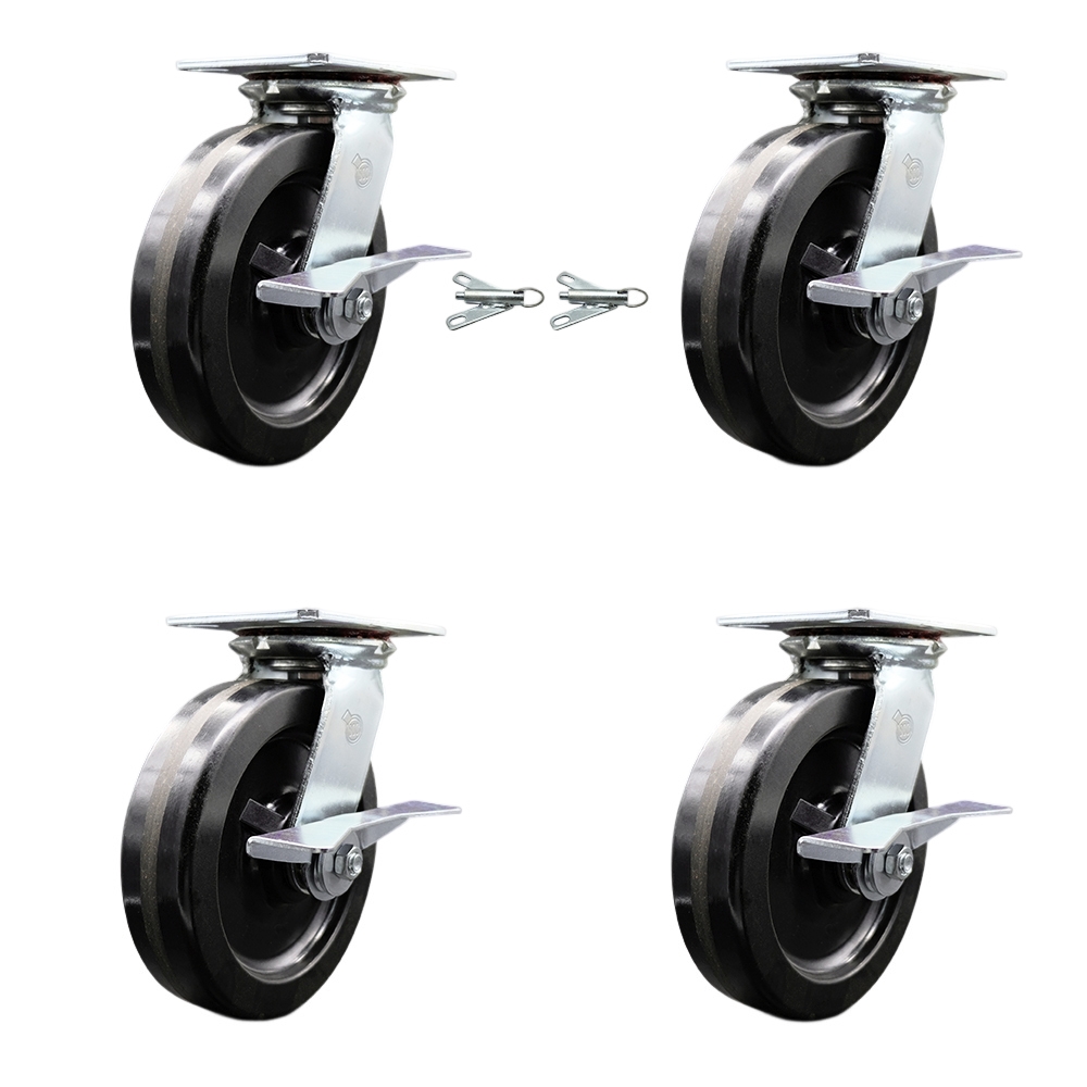 Heavy Duty Large Top Plate Phenolic Swivel Caster with Maintenance Free Bearings with 8 x 2 in. Black Wheels - Set of 4
