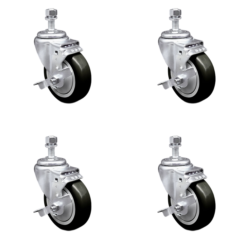 SCC-TS20S414-PPUB-BLK-TLB-M1215-4 Polyurethane Swivel Threaded Stem Caster with 4 x 1.25 in. Black Wheels & 12 mm Stems - Set of 4