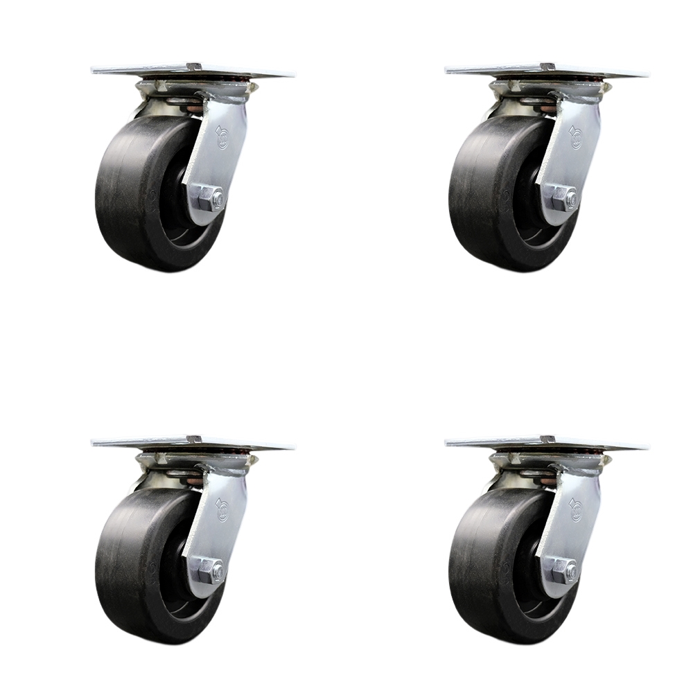 Heavy Duty Large Top Plate Polyolefin Swivel Caster with Maintenance Free Bearings with 5 x 2 in. Black Wheels - 2600 lbs Total Capacity - Set of 4