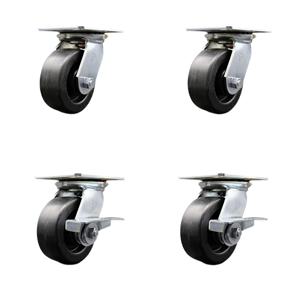 Heavy Duty Large Top Plate Polyolefin Swivel Caster with Maintenance Free Bearings with 5 x 2 in. Black Wheels - 2600 lbs Total Capacity - Set of 4