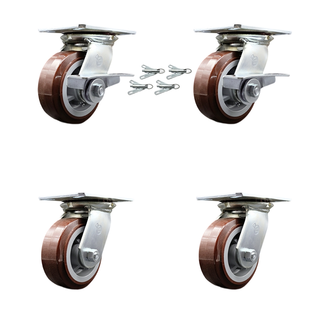 Heavy Duty Large Top Plate Poly on Polyolefin Swivel Caster with Maintenance Free Bearing with 5 x 2 in. Maroon Wheel - Set of 4