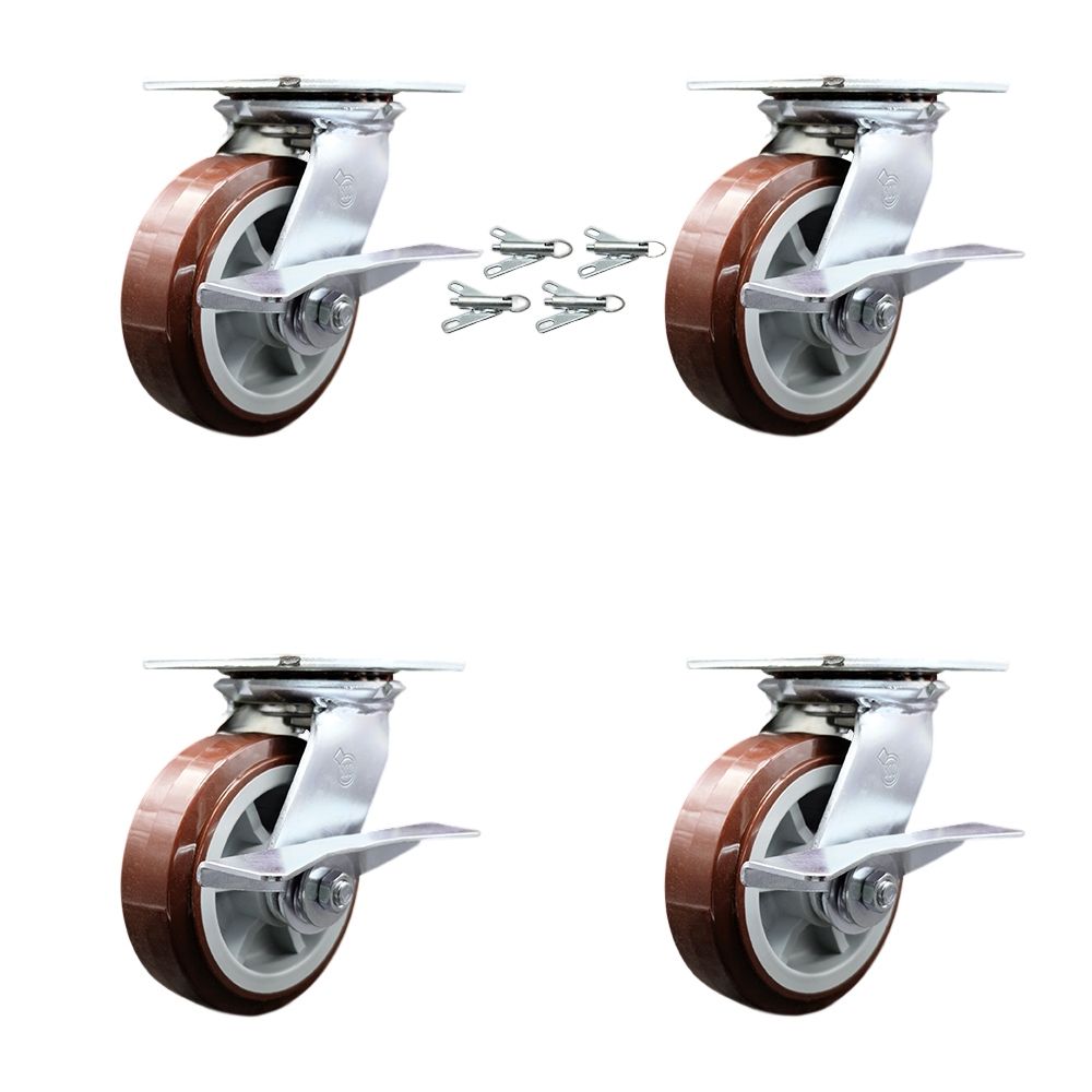 Heavy Duty Large Top Plate Polyurethane on Polyolefin Swivel Caster with Maintenance Free Bearings with 6 x 2 in. Maroon Wheels - Set of 4