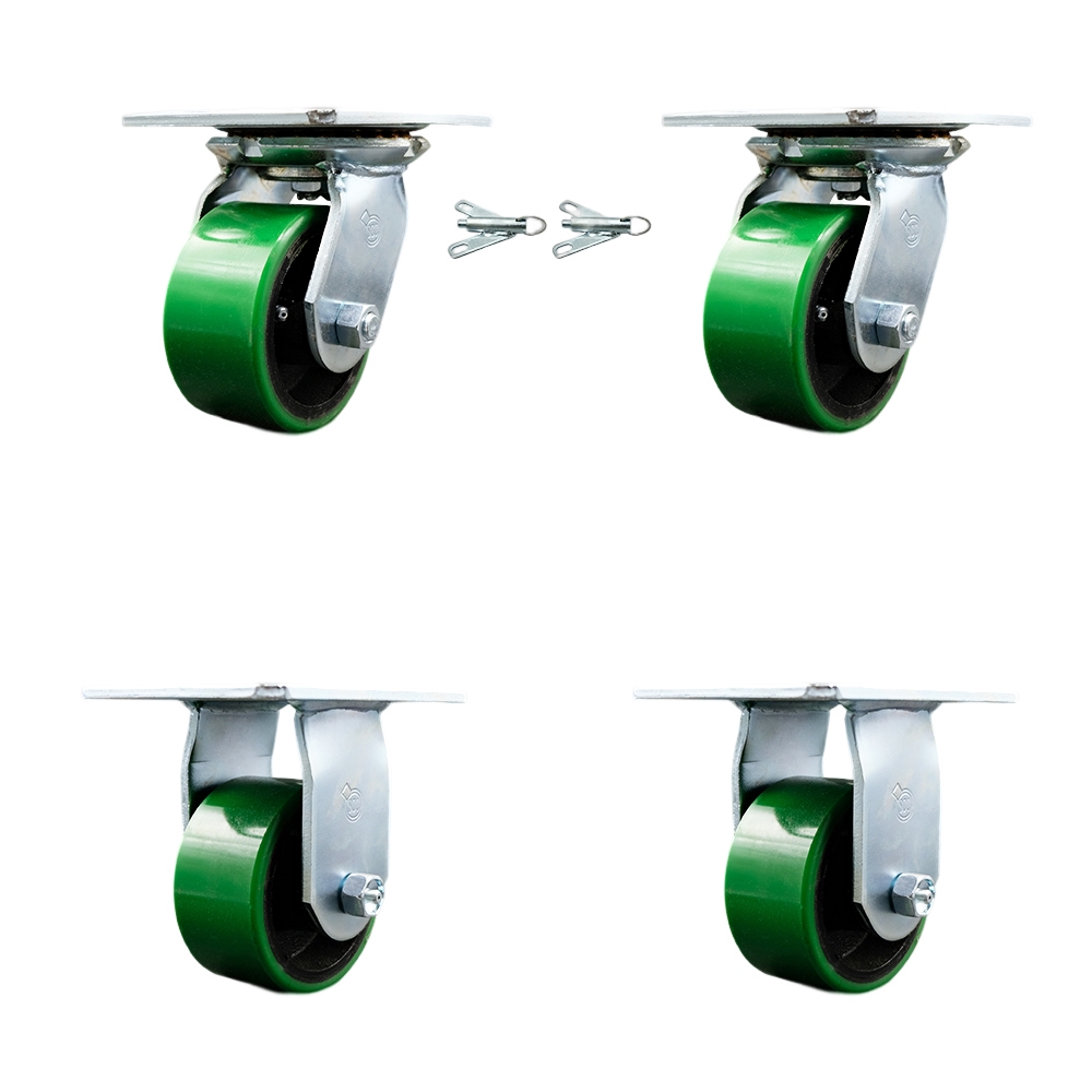 Heavy Duty Large Top Plate Polyurethane on Cast Iron Swivel Caster with Maintenance Free Bearings with 4 x 2 in. Green Wheels - Set of 4
