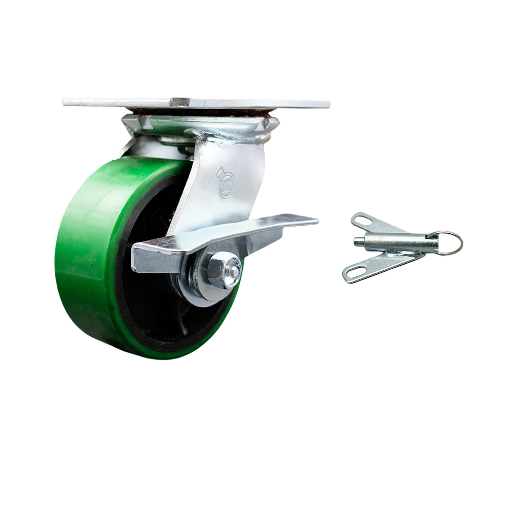 Heavy Duty Large Top Plate Polyurethane on Cast Iron Swivel Caster with Maintenance Free Bearings & 5 x 2 in. Green Wheel - 1000 lbs Capacity