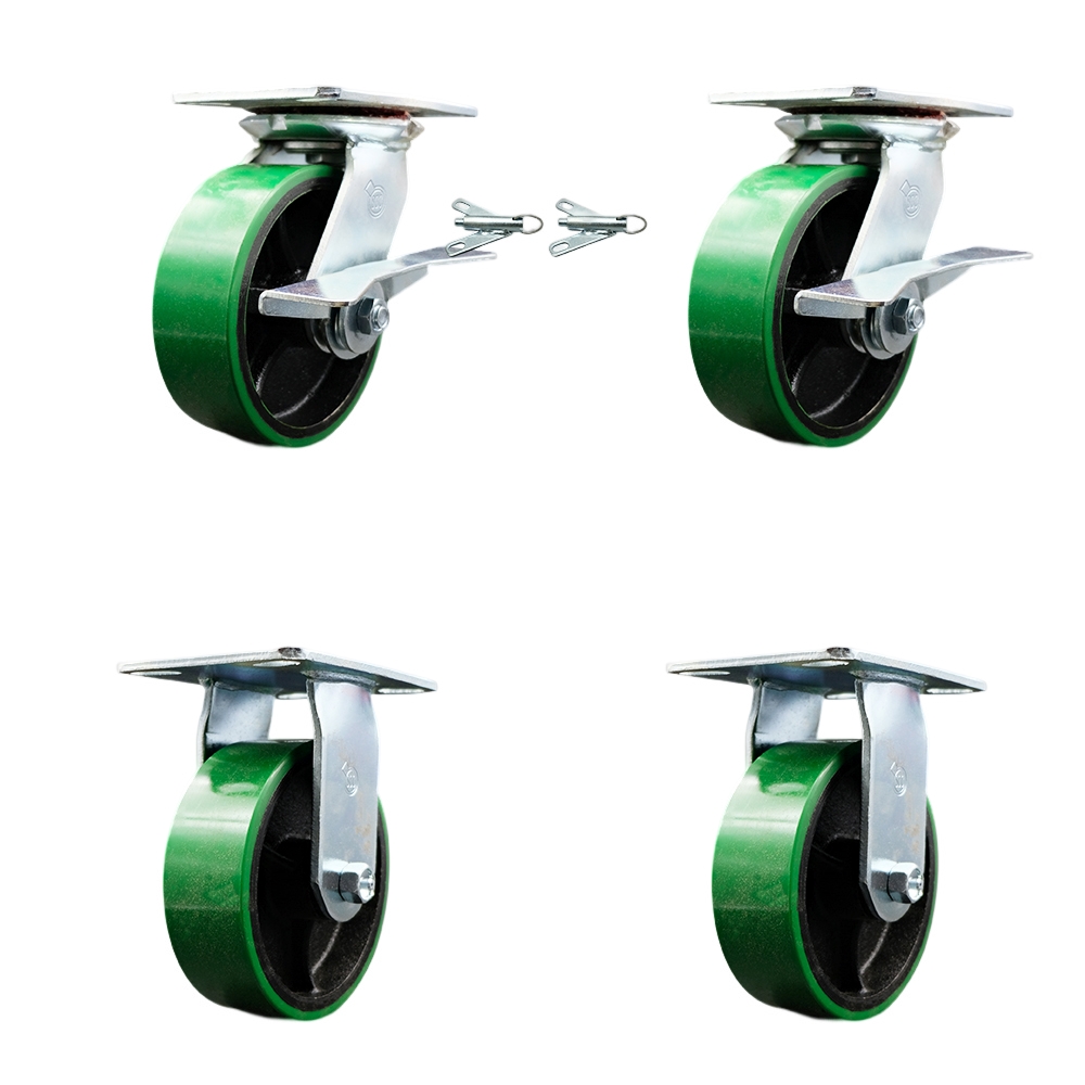 Heavy Duty Large Top Plate Polyurethane on Cast Iron Swivel Caster with Maintenance Free Bearings with 6 x 2 in. Green Wheels - Set of 4