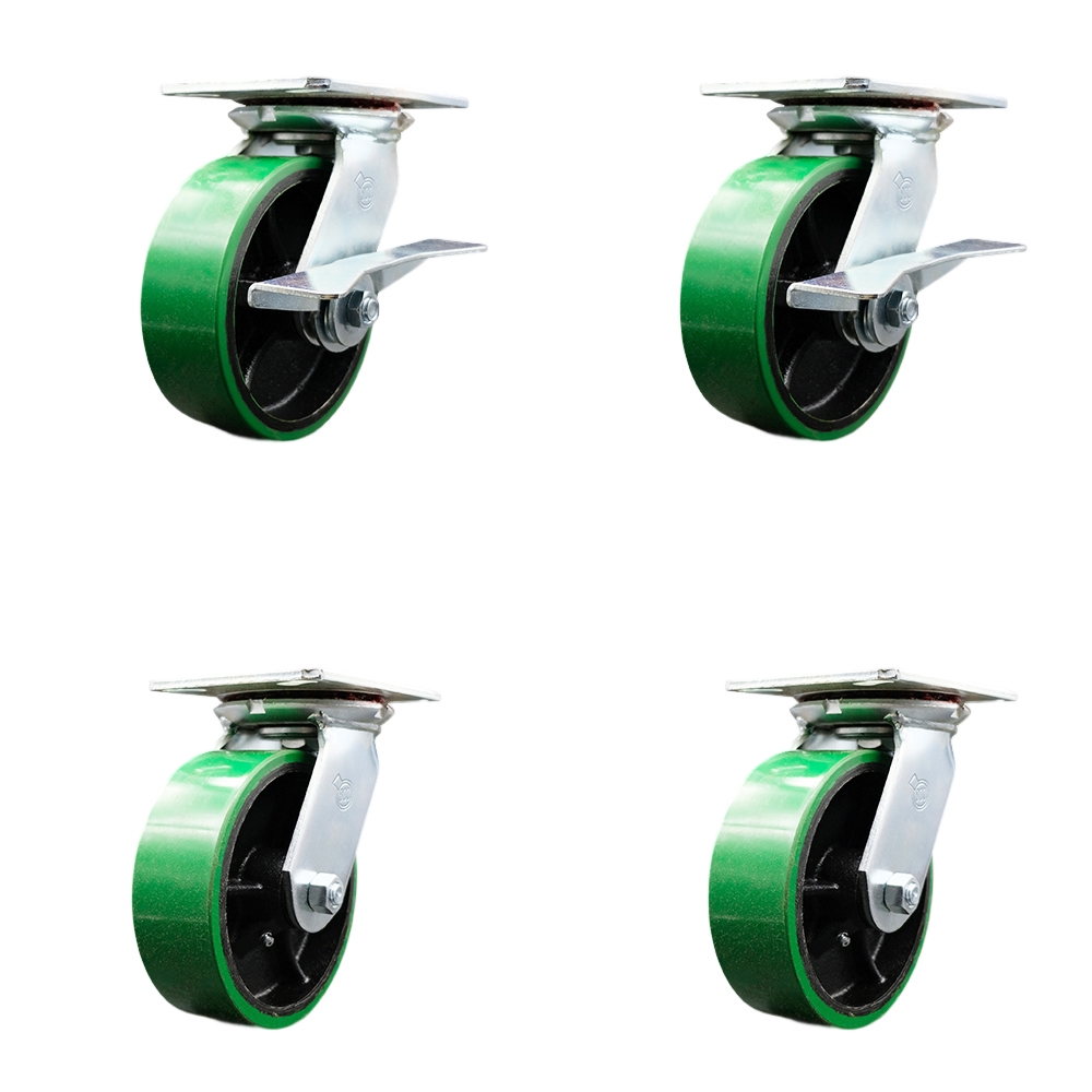 Heavy Duty Large Top Plate Poly on Cast Iron Swivel Caster with Maintenance Free Bearings with 6 x 2 in. Green Wheel - Set of 4