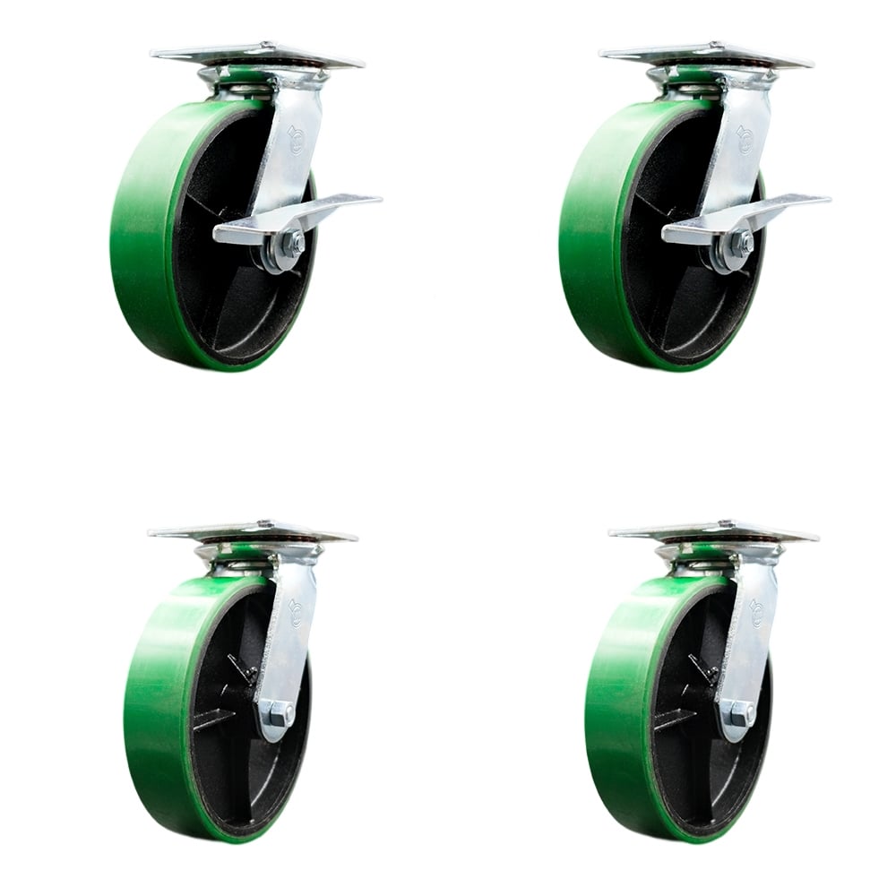 Heavy Duty Large Top Plate Poly on Cast Iron Swivel Caster with Maintenance Free Bearings with 8 x 2 in. Green Wheel - Set of 4
