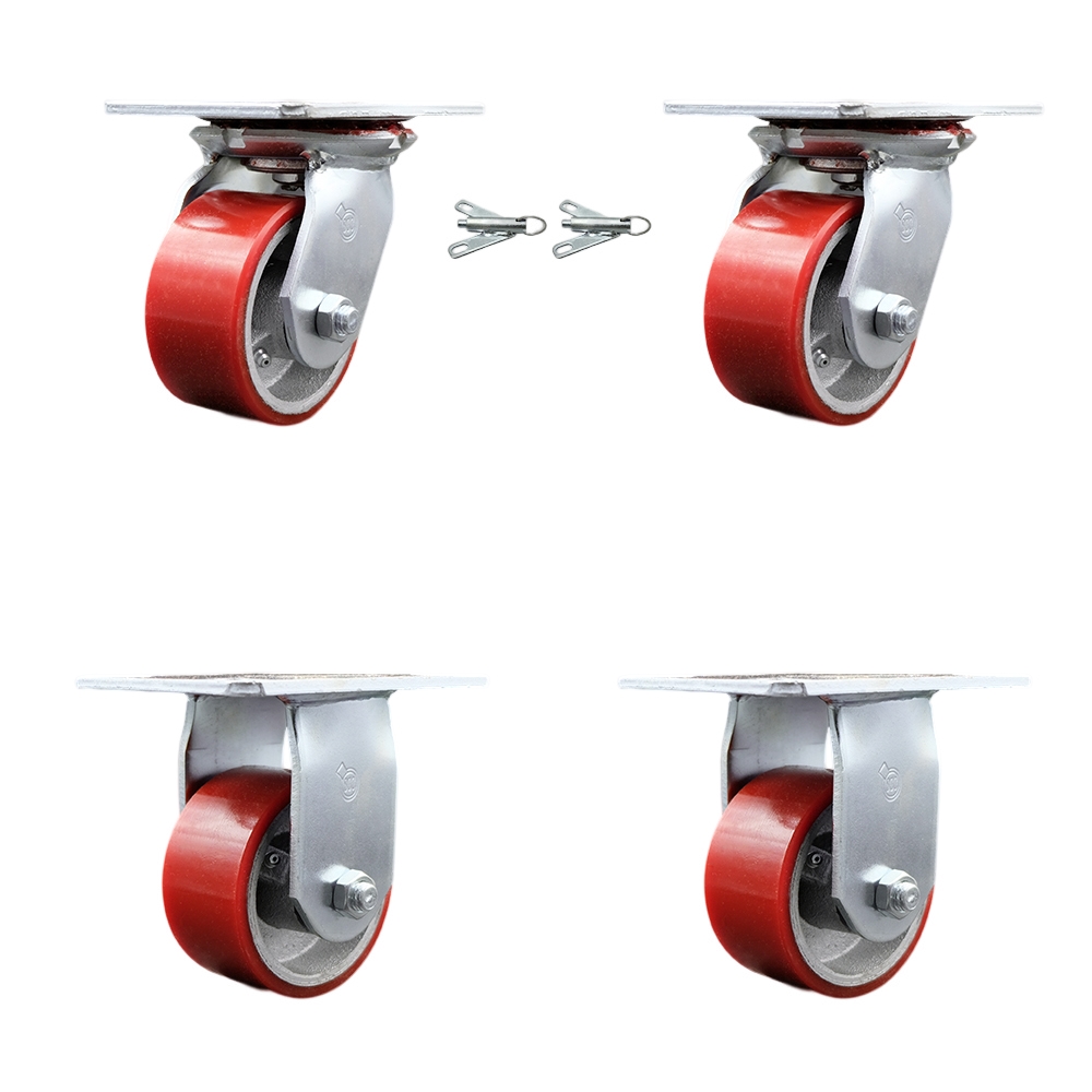Heavy Duty Large Top Plate Polyurethane on Cast Iron Swivel Caster with Maintenance Free Bearings with 4 x 2 in. Red Wheels - Set of 4