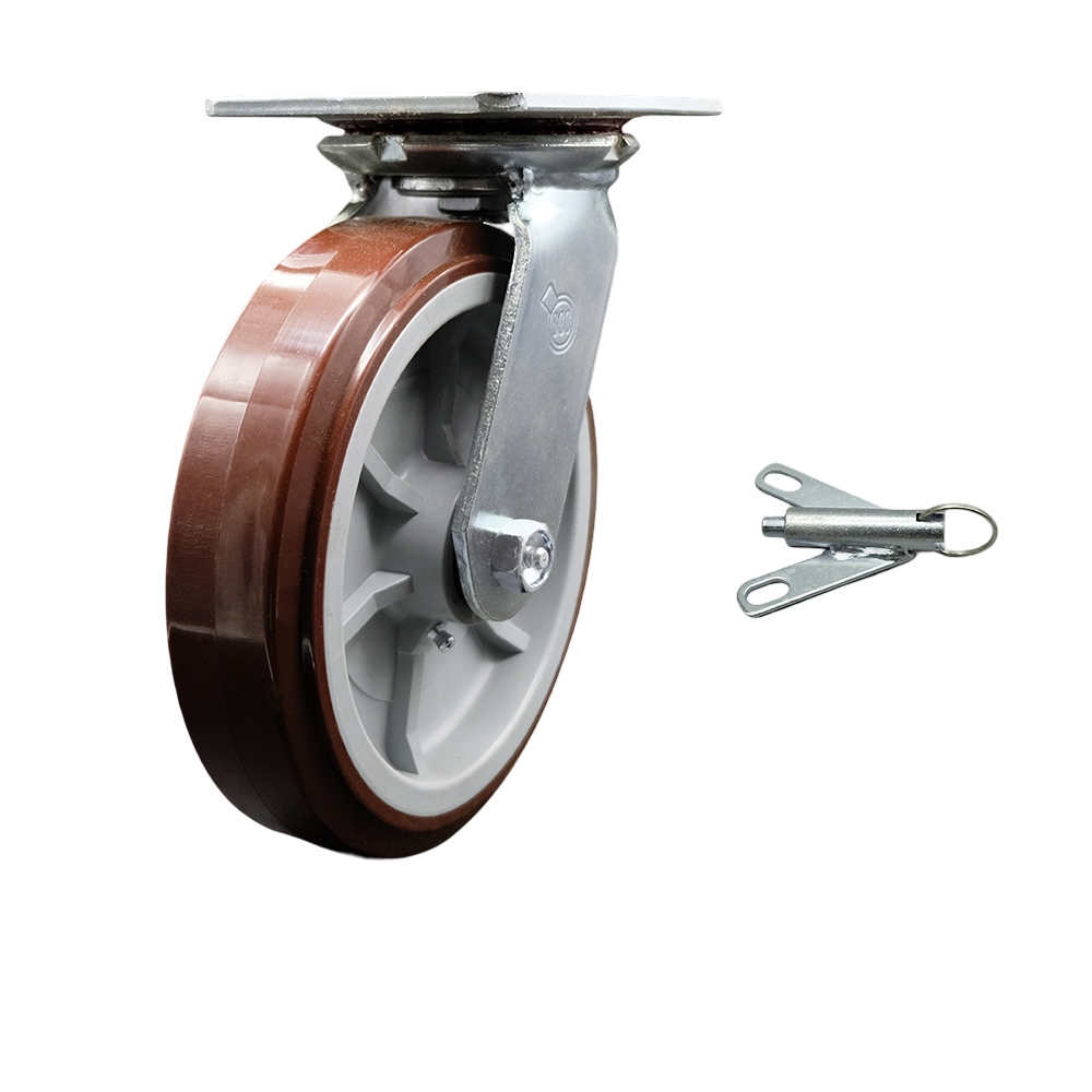 Heavy Duty Large Top Plate Polyurethane on Polyolefin Swivel Caster with Maintenance Free Bearings & 8 x 2 in. Maroon Wheel & Bolt on Swivel Lock