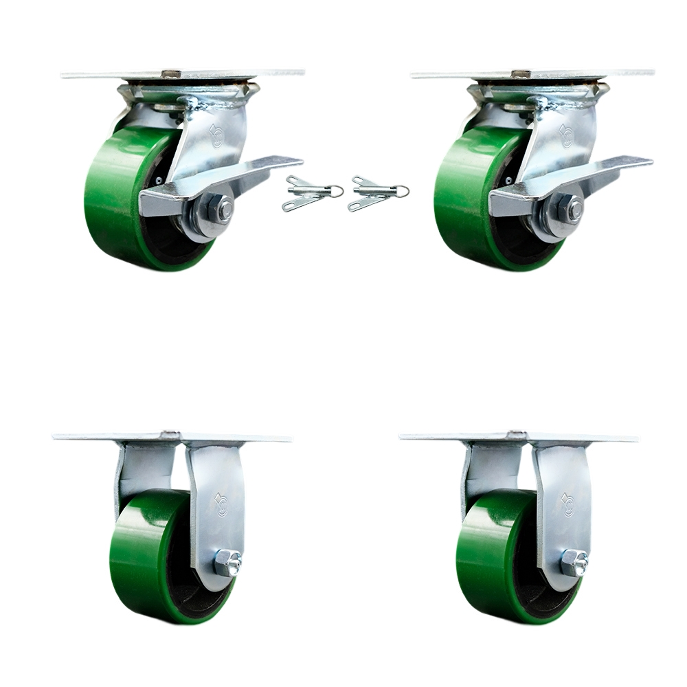 Heavy Duty Large Top Plate Polyurethane on Cast Iron Swivel Caster with Maintenance Free Bearings with 4 x 2 in. Green Wheels - Set of 4