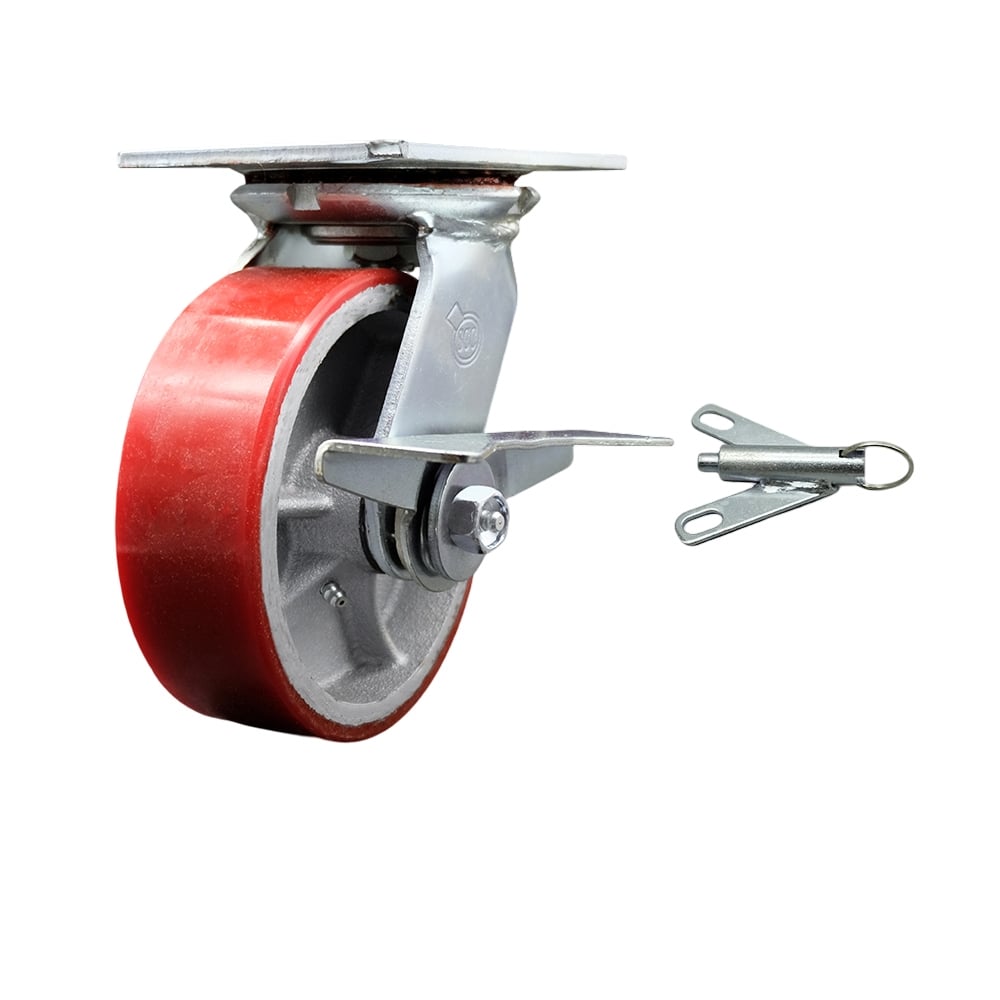Heavy Duty Large Top Plate Polyurethane on Cast Iron Swivel Caster with Maintenance Free Bearings & 6 x 2 in. Red Wheel - 1200 lbs Capacity