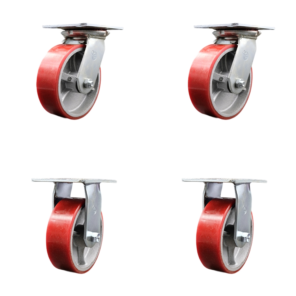 Heavy Duty Large Top Plate Polyurethane on Cast Iron Swivel Caster with Maintenance Free Bearings with 6 x 2 in. Red Wheels - Set of 4