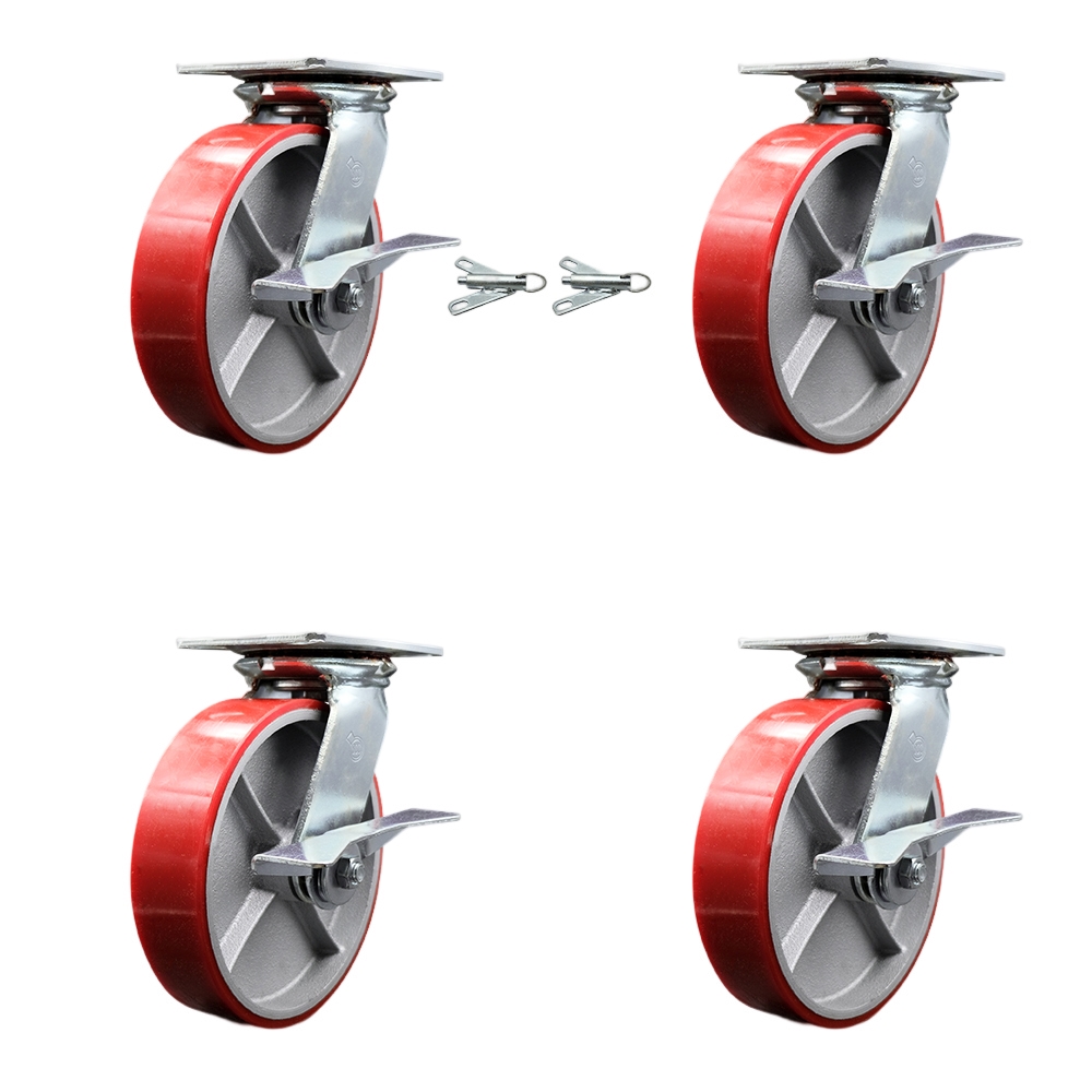 Heavy Duty Large Top Plate Poly on Cast Iron Swivel Caster with Maintenance Free Bearings with 8 x 2 in. Red Wheels - Set of 4