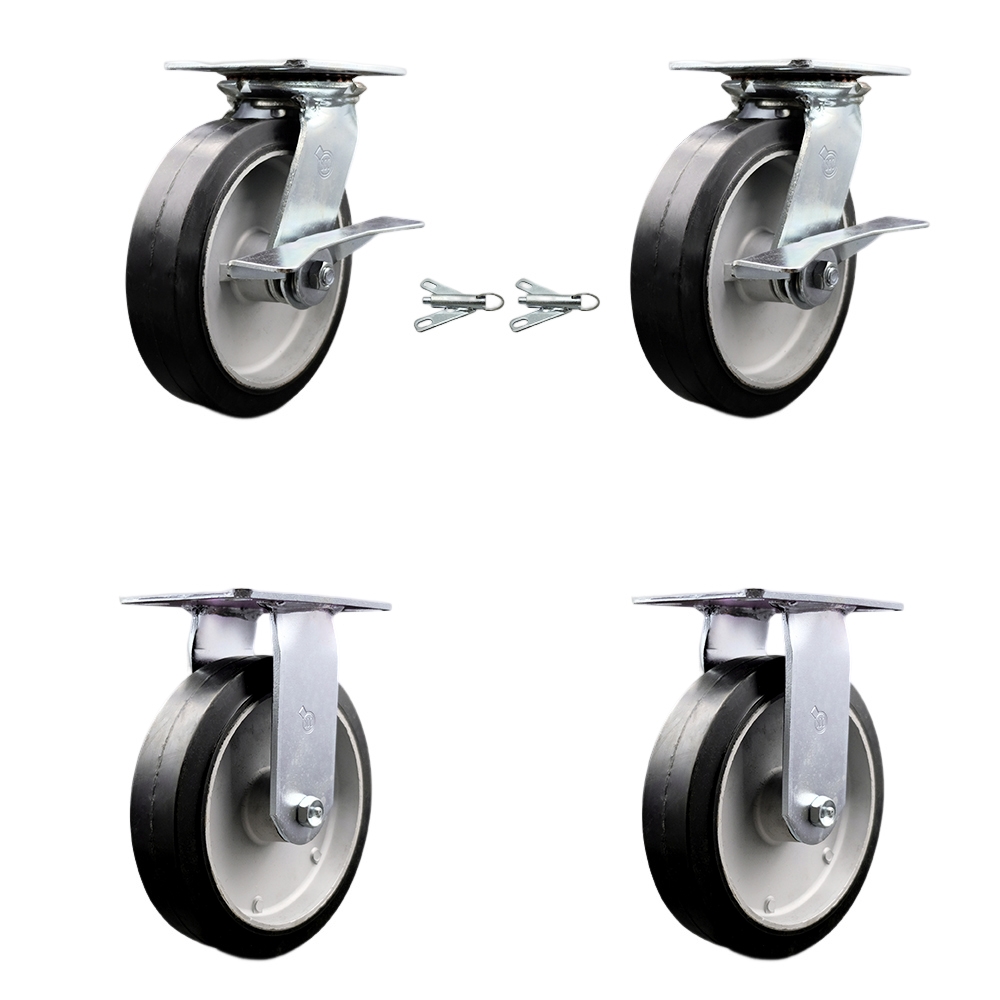 Heavy Duty Large Top Plate Rubber on Aluminum Swivel Caster with Maintenance Free Bearings with 8 x 2 in. Black Wheels - Set of 4