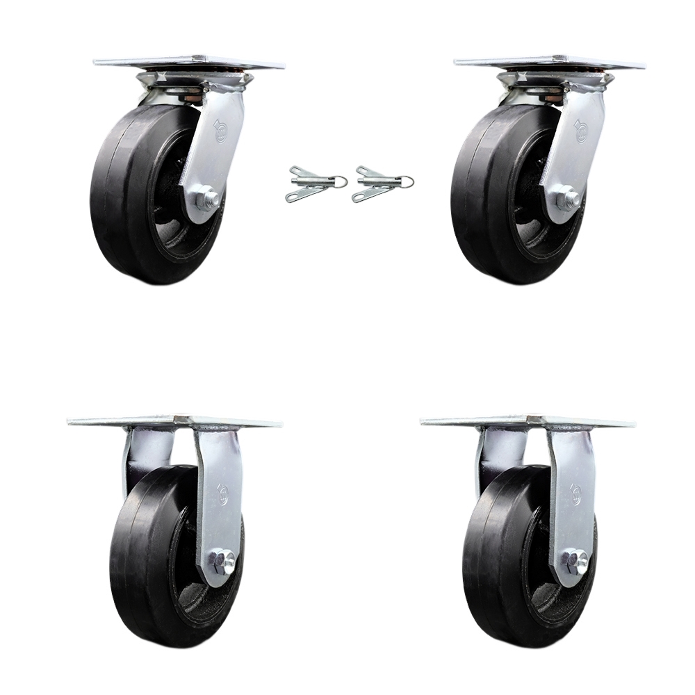 Heavy Duty Large Top Plate Rubber on Cast Iron Swivel Caster with Maintenance Free Bearings with 6 x 2 in. Black Wheels - Set of 4