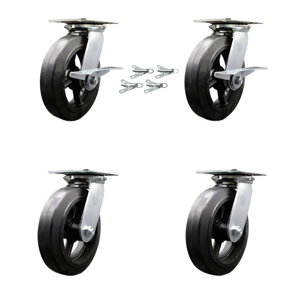 Heavy Duty Large Top Plate Rubber on Cast Iron Swivel Caster with Maintenance Free Bearings with 8 x 2 in. Black Wheel - Set of 4