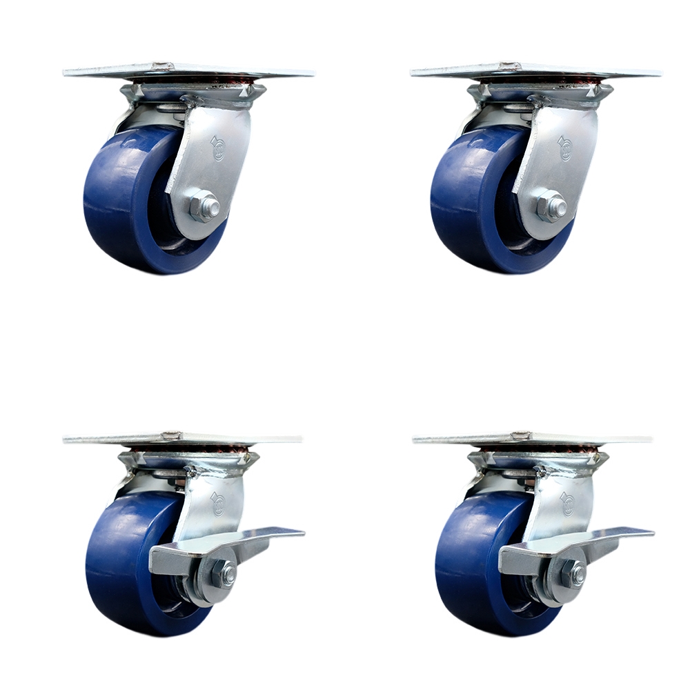 Heavy Duty Large Top Plate Solid Polyurethane Swivel Caster with Maintenance Free Bearings with 4 x 2 in. Blue Wheels - 2800 lbs Capacity - Set of 4