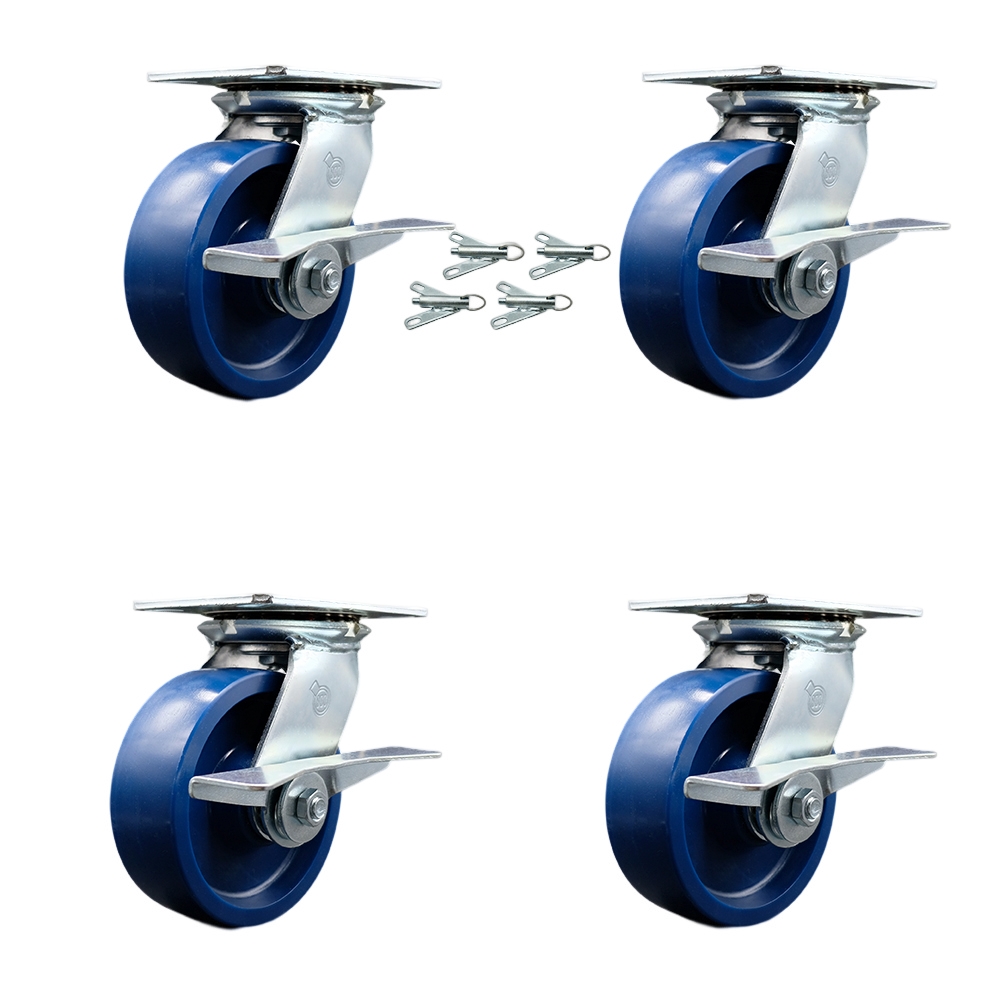 Heavy Duty Large Top Plate Solid Polyurethane Swivel Caster with Maintenance Free Bearings with 6 x 2 in. Blue Wheels - Set of 4