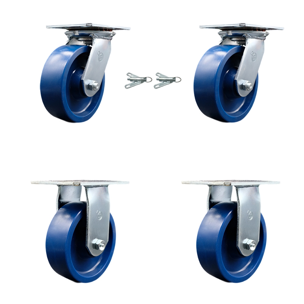 Heavy Duty Large Top Plate Solid Polyurethane Swivel Caster with Maintenance Free Bearings with 6 x 2 in. Blue Wheels - Set of 4