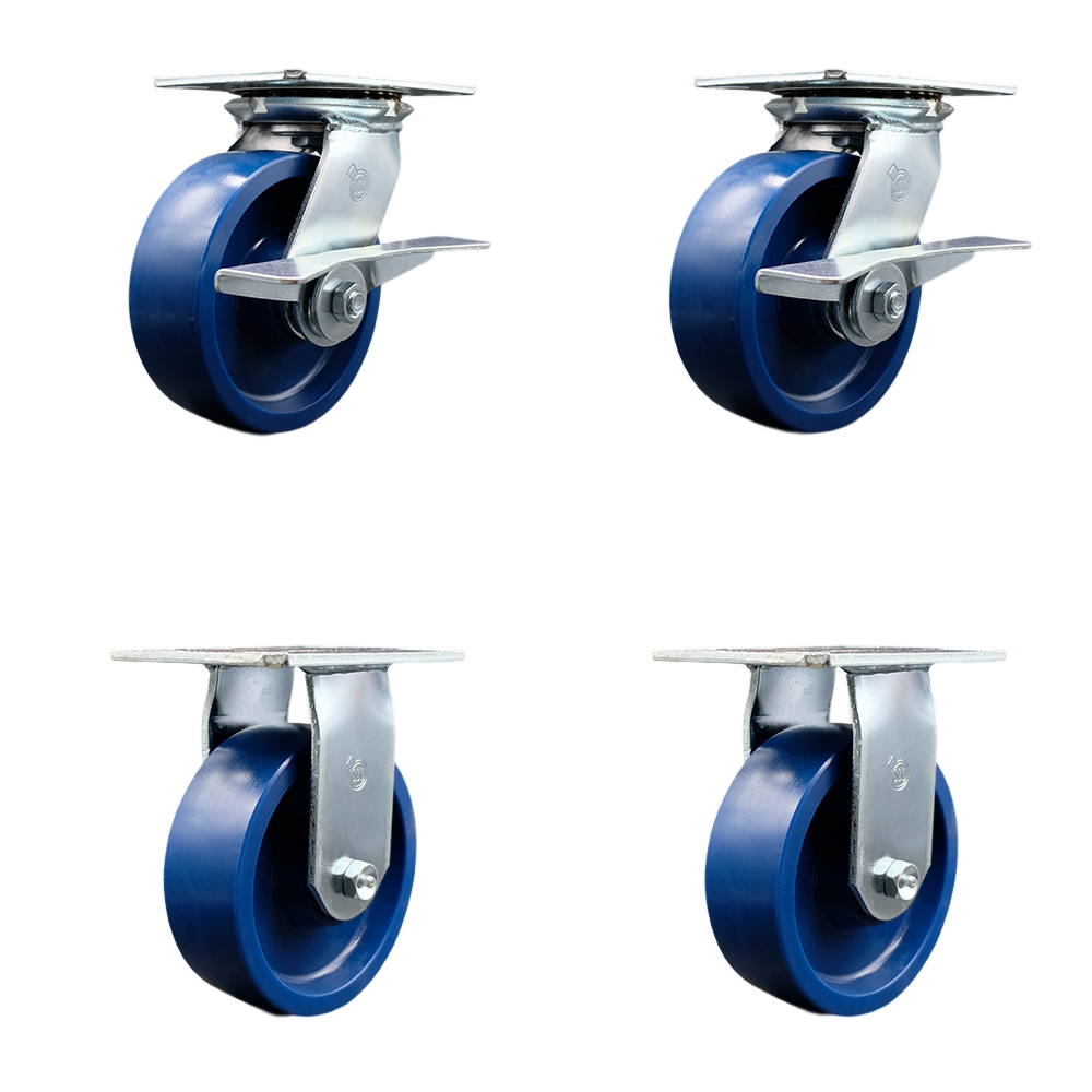 Heavy Duty Large Top Plate Solid Polyurethane Swivel Caster with Maintenance Free Bearings with 6 x 2 in. Blue Wheels - Set of 4
