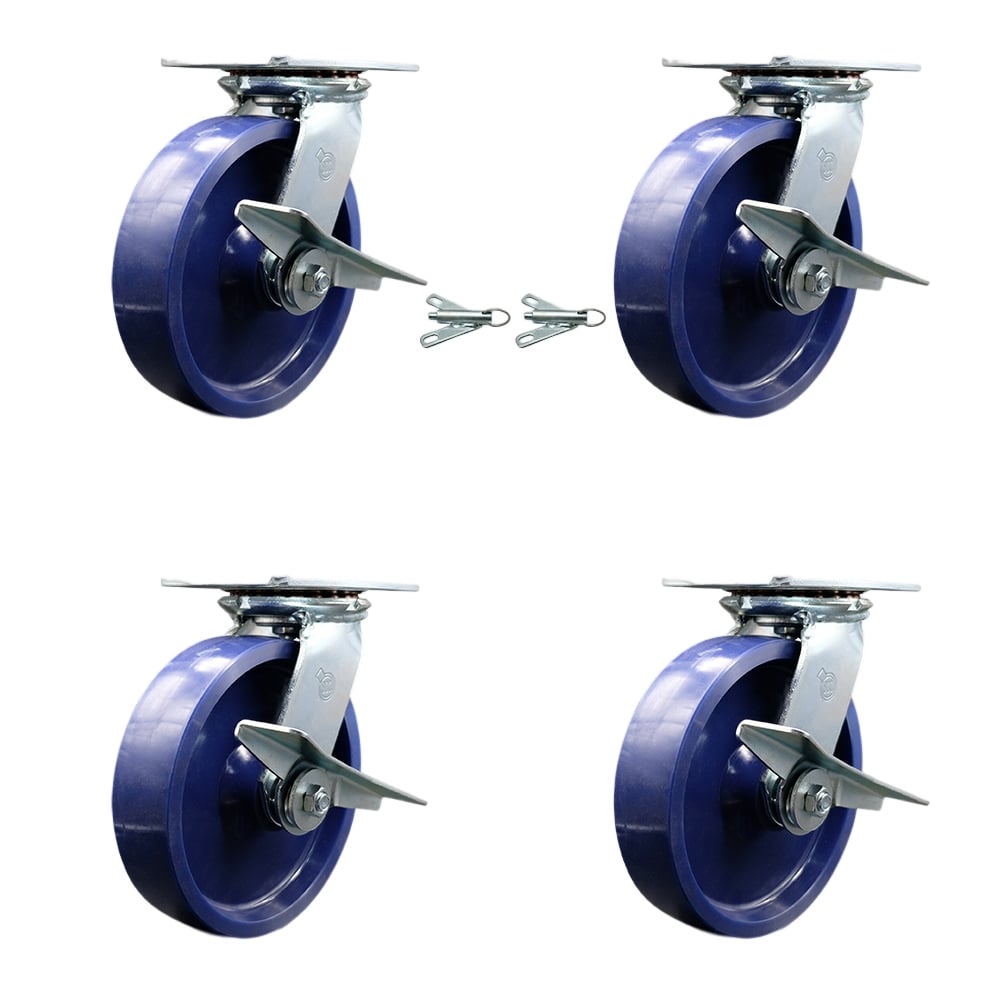 Heavy Duty Large Top Plate Solid Polyurethane Swivel Caster with Maintenance Free Bearings with 8 x 2 in. Blue Wheels - Set of 4