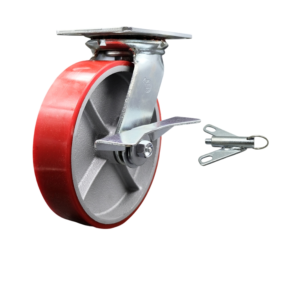 Heavy Duty Large Top Plate Polyurethane on Cast Iron Swivel Caster with Maintenance Free Bearings & 8 x 2 in. Red Wheel - 1250 lbs Capacity