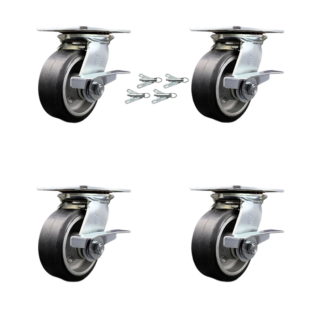 Heavy Duty Large Top Plate Rubber on Aluminum Swivel Caster with Maintenance Free Bearings with 5 x 2 in. Black Wheels - Set of 4