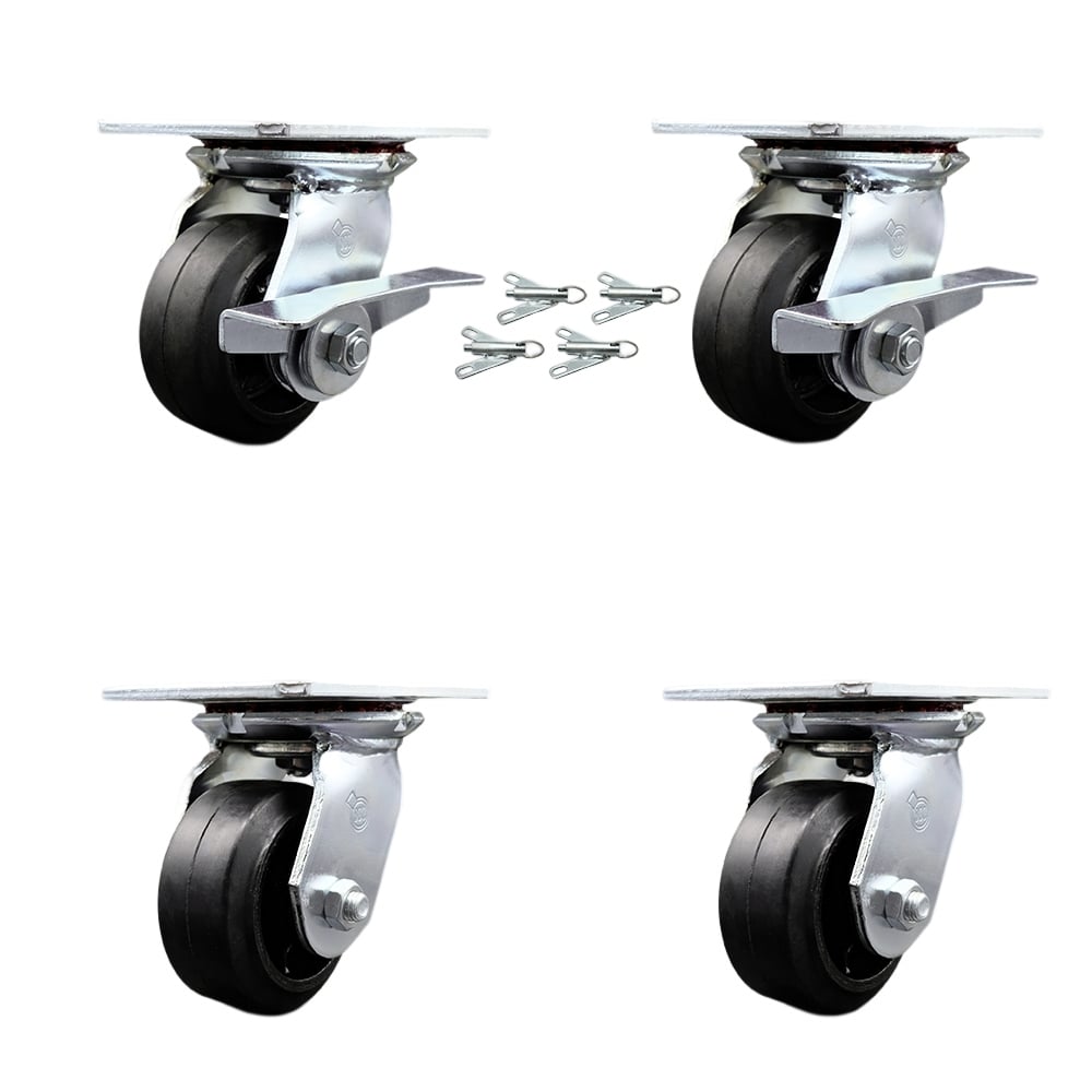 Heavy Duty Large Top Plate Rubber on Cast Iron Swivel Caster with Maintenance Free Bearings with 4 x 2 in. Black Wheel - Set of 4