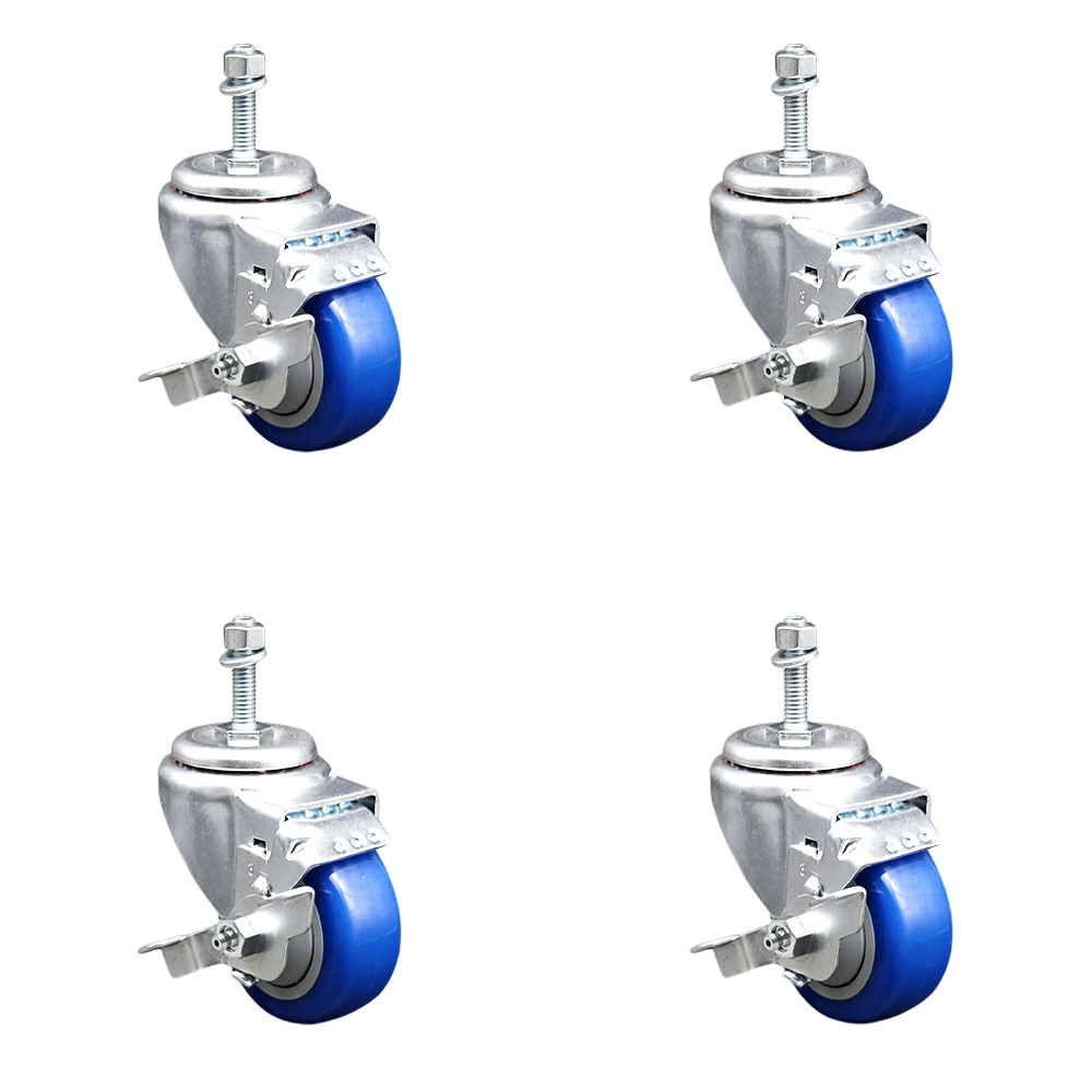 SCC-TS20S314-PPUB-BLUE-TLB-381615-4 Polyurethane Swivel Threaded Stem Caster with 3 x 1.25 in. Blue Wheels & 0.38 in. Stems - Set of 4