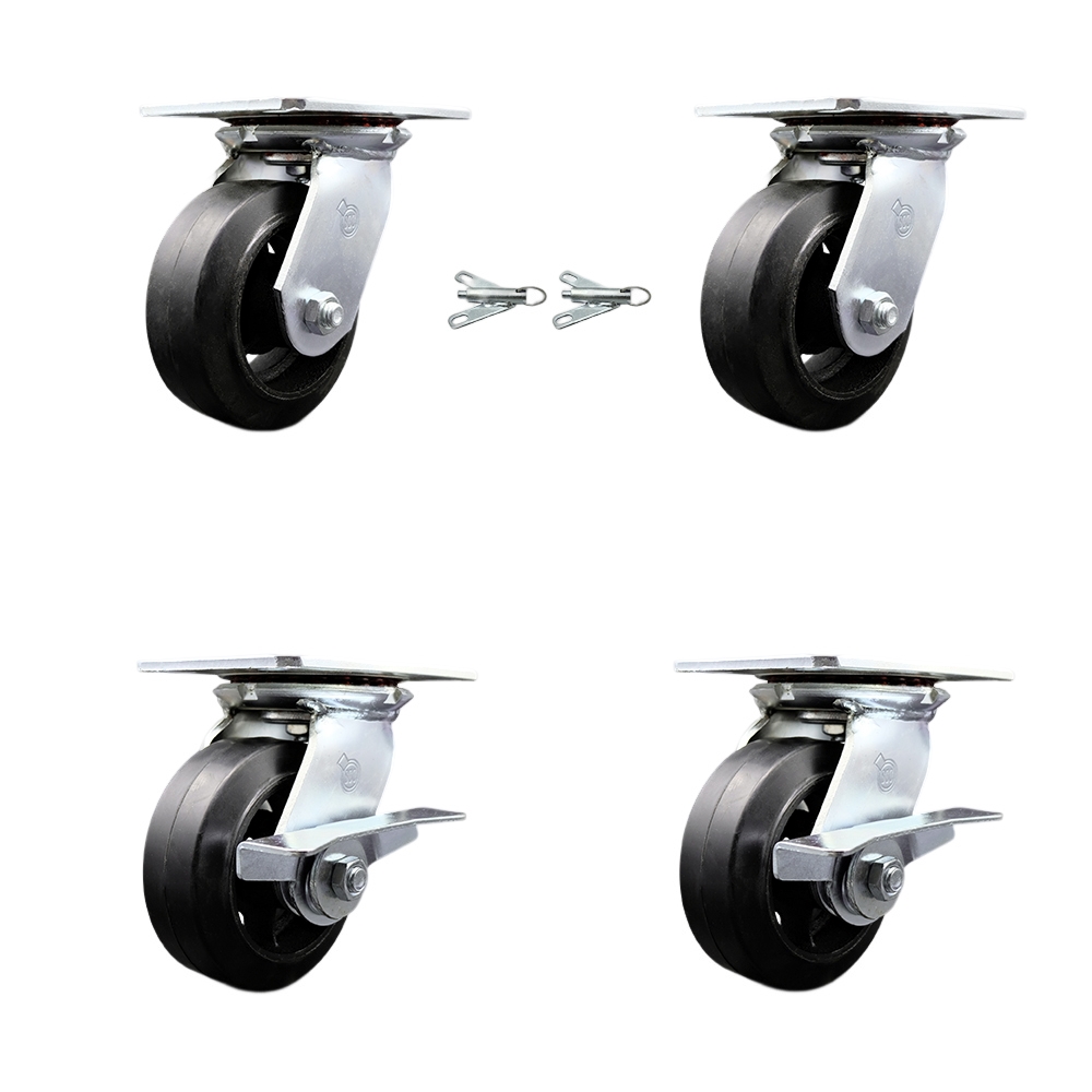 Heavy Duty Large Top Plate Rubber on Cast Iron Swivel Caster with Maintenance Free Bearings with 5 x 2 in. Black Wheels - Set of 4