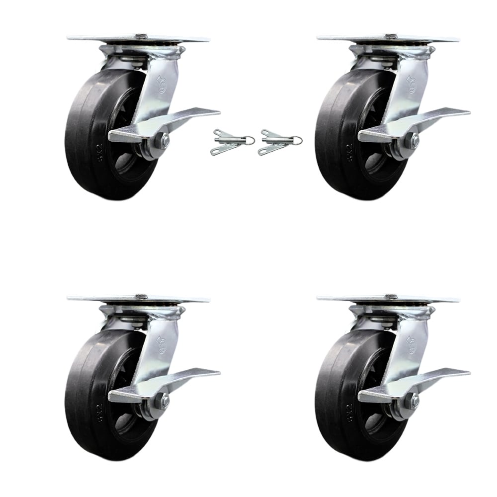 Heavy Duty Large Top Plate Rubber on Cast Iron Swivel Caster with Maintenance Free Bearings with 6 x 2 in. Black Wheels - Set of 4