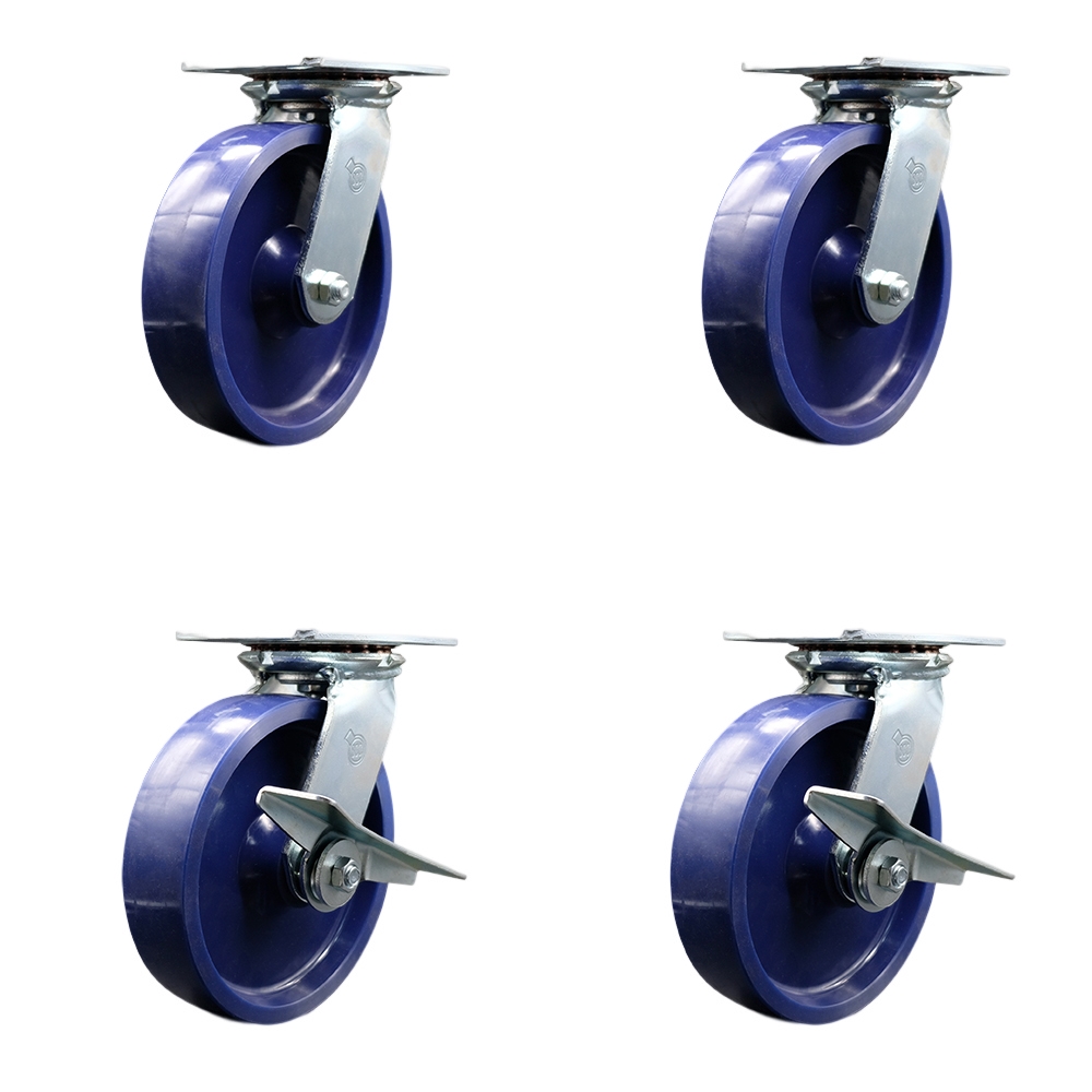 Heavy Duty Large Top Plate Solid Polyurethane Swivel Caster with Maintenance Free Bearings with 8 x 2 in. Blue Wheels - Set of 4